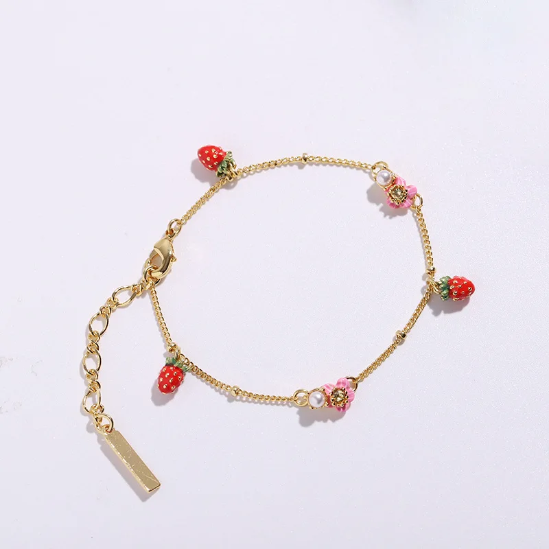 Daily Commut Berry Series Strawberry Charms Small Pink Flower Spring New Arrival Fresh Style Adjustable Bracelet Niche Design