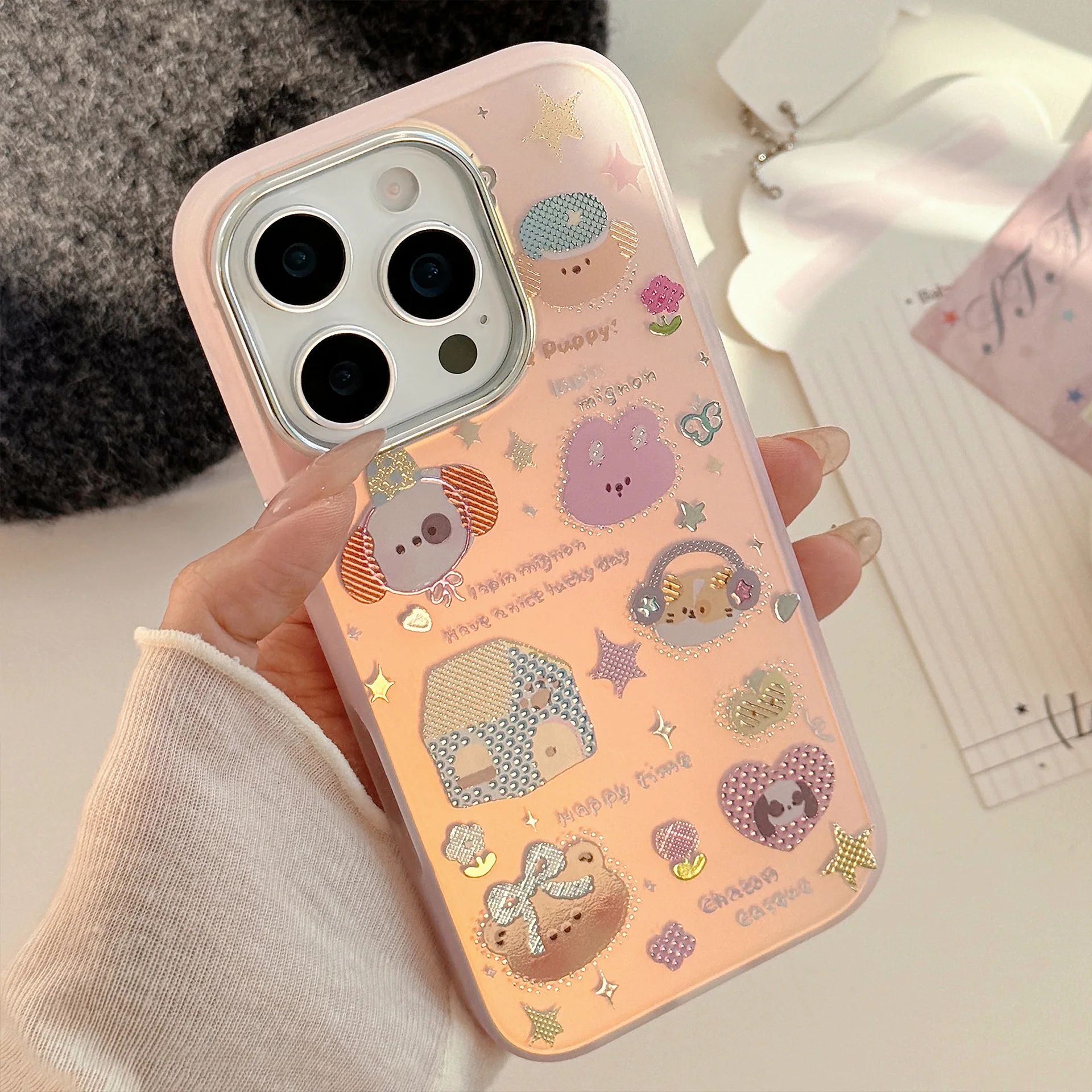 Koreanische Vergoldung Laser Niedlichen Cartoon Tiere Party Telefon Fall Für iPhone 16 15 14 13 12 Pro Max stoßfest Schutzhülle Hard Cover