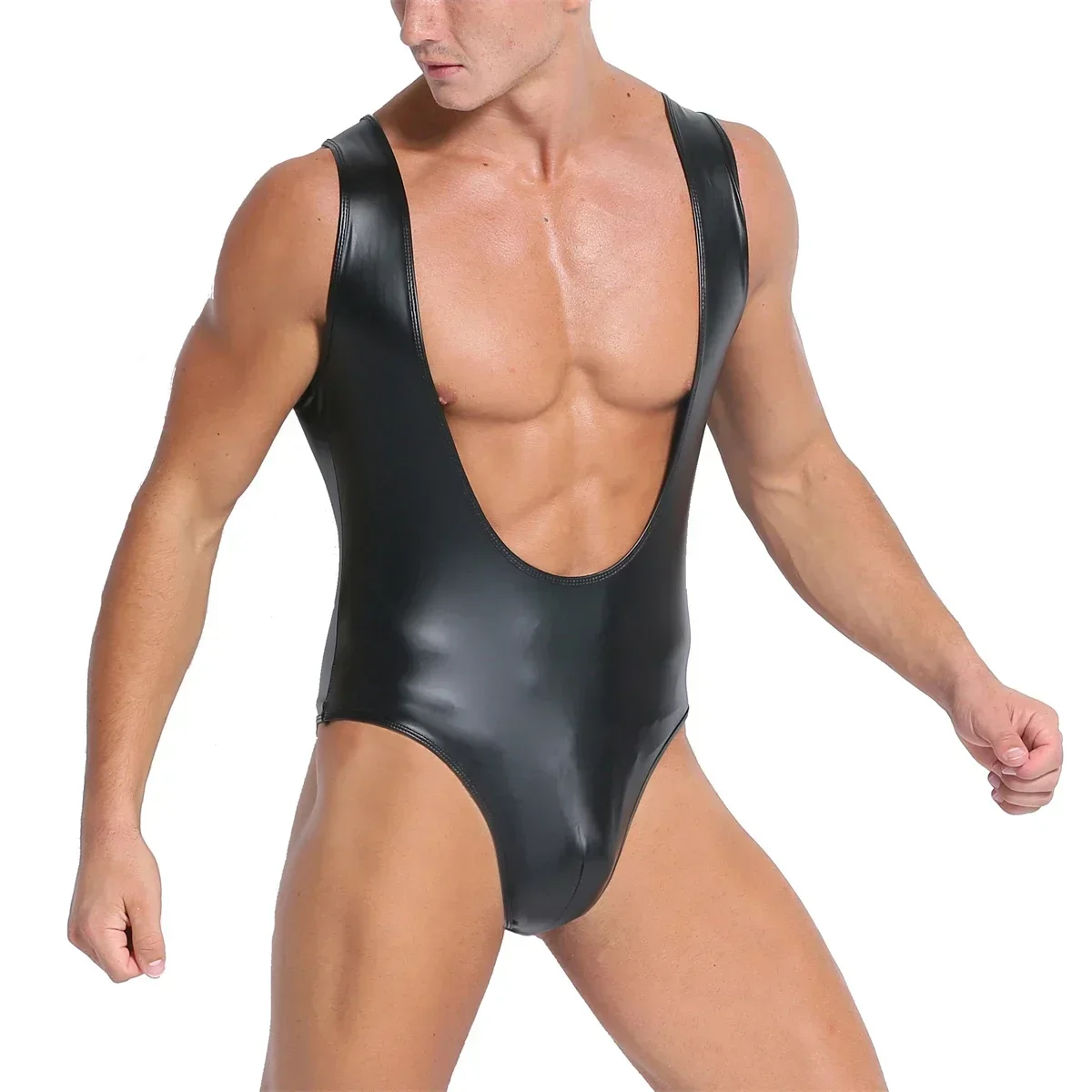 

Men Wrestling Singlet Jumpsuits Slim Underwear Glossy One-piece Undershirts Faux Leather Rompers Male Sexy Deep V-neck Bodysuits