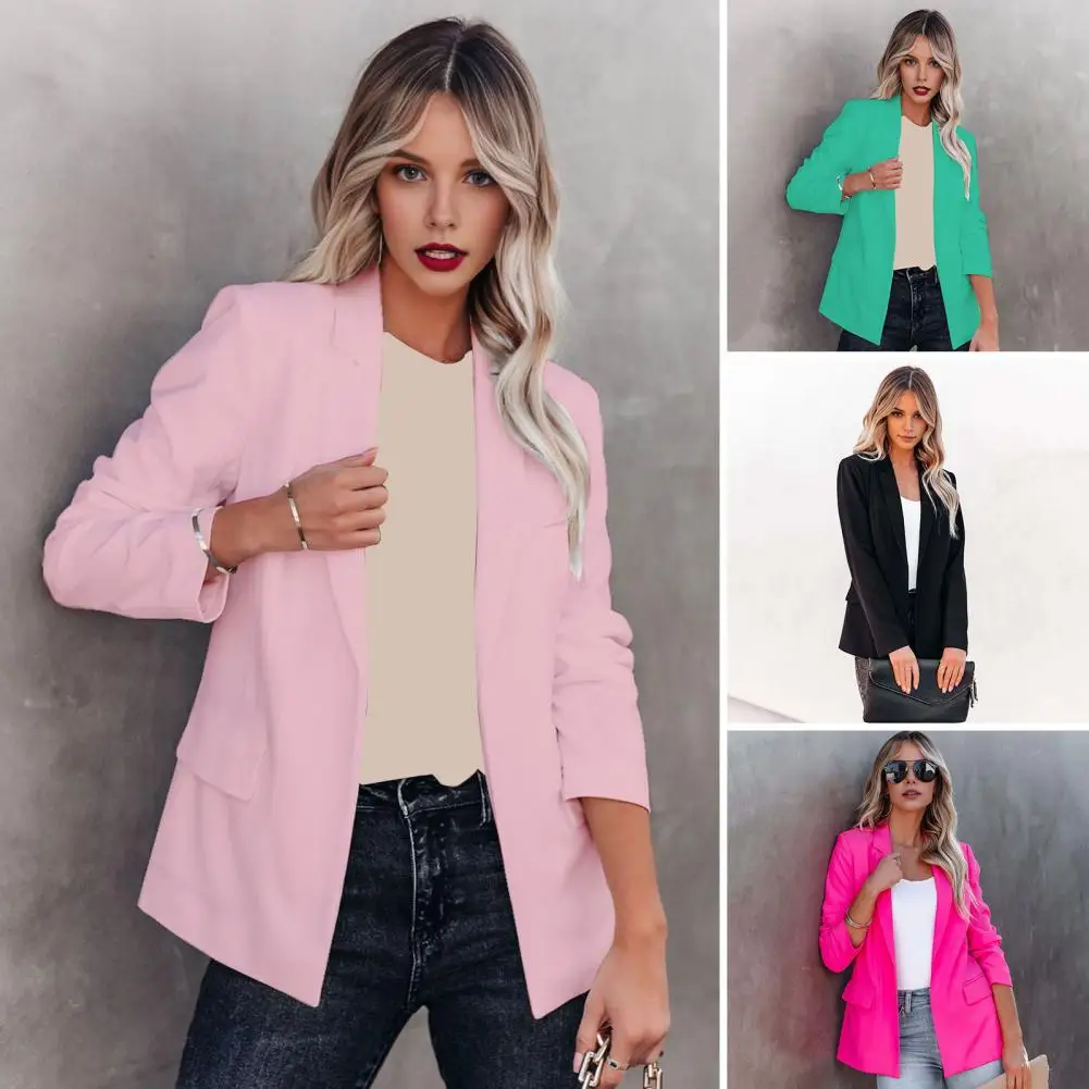 Chaqueta de traje de Color sólido para mujer, abrigo de traje de solapa elegante, manga larga, prendas de vestir de negocios con frente abierto, bolsillos con solapa para el día a día