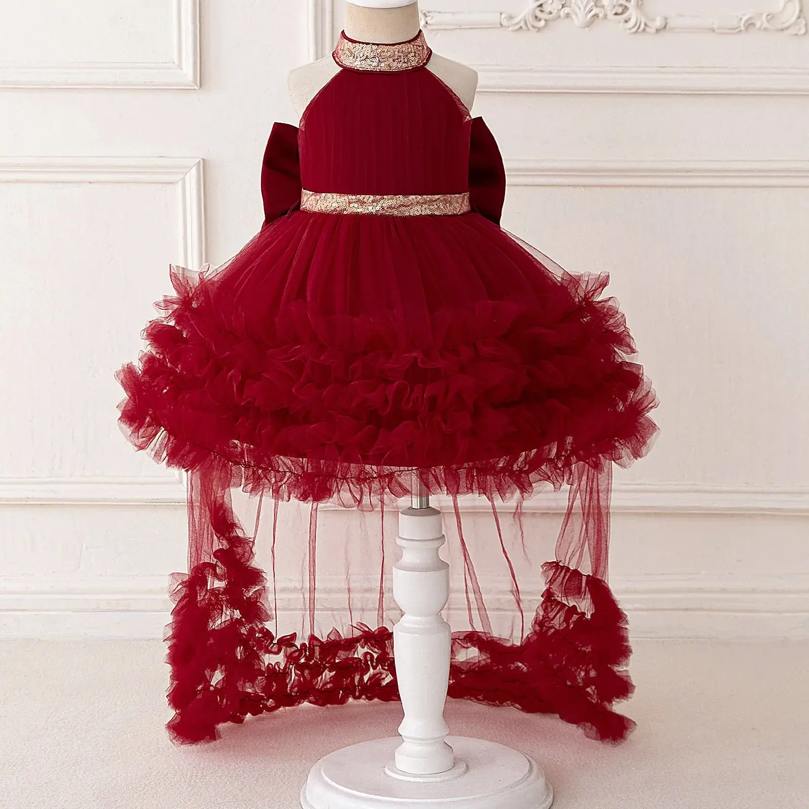 

Luxury Party Dress For Flower Girls Sequin Big Bow Trailing Dress For Kids Wedding Birthday Party Christmas First Communion Gown