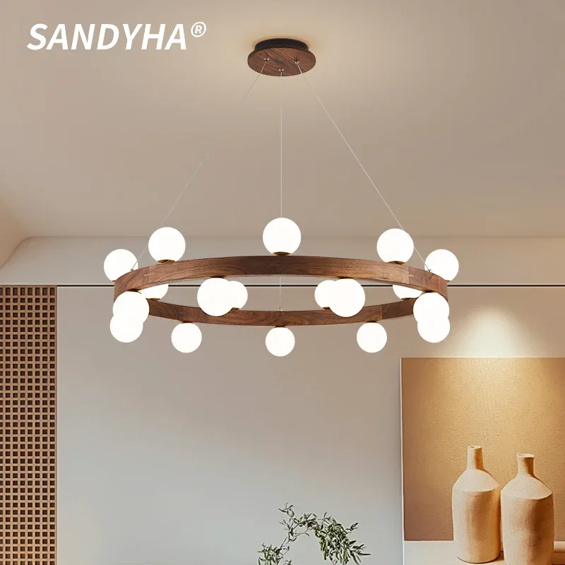 

Japanese Style Round Hanging Chandeliers Solid Wood Pendant Light Glass Ball Design Led Lamps for Living Room Bedroom Decoration