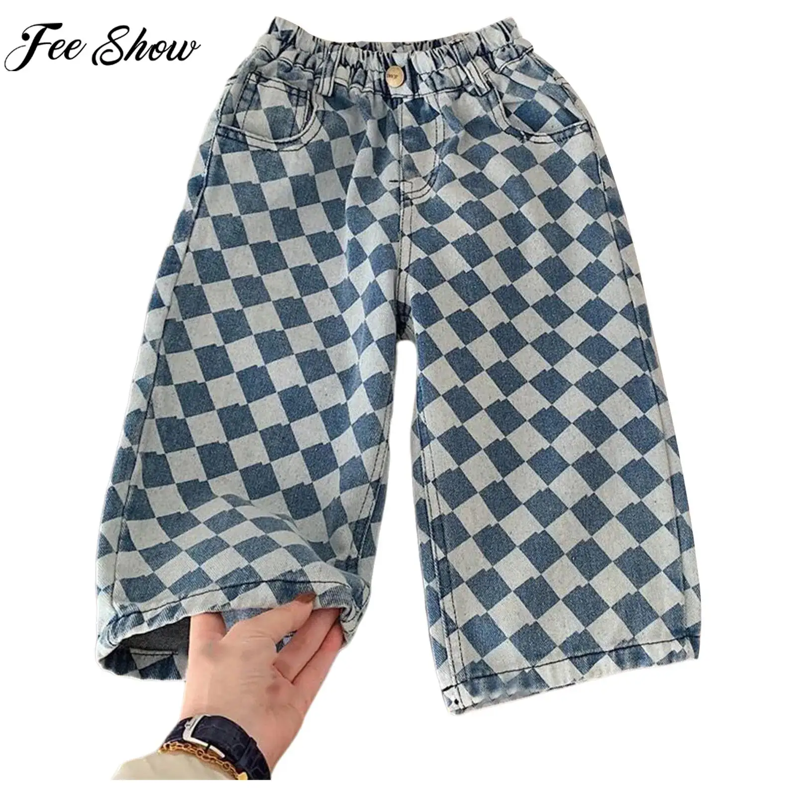 

Детские джинсы в корейском стиле для мальчиков и девочек, в клетку, с эластичной резинкой на талии, широкие, свободные, джинсовые брюки, весенне-осенние повседневные штаны