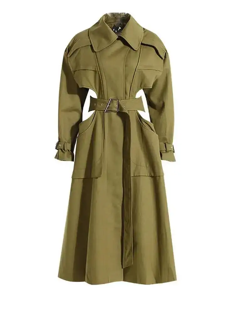 Big Women Size Cut-out Camel Long Trench New Lapel Long Sleeve Loose Fit Windbreaker Fashion Spring Autumn 2026 1DH058