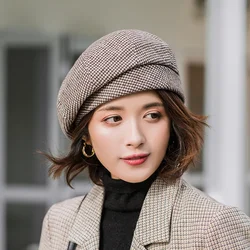 Cotton Women Berets Winter Hats Vintage French Plaid Top Military Cap Painter Hat 2023 Autumn Street Girls Octagonal Beret Caps