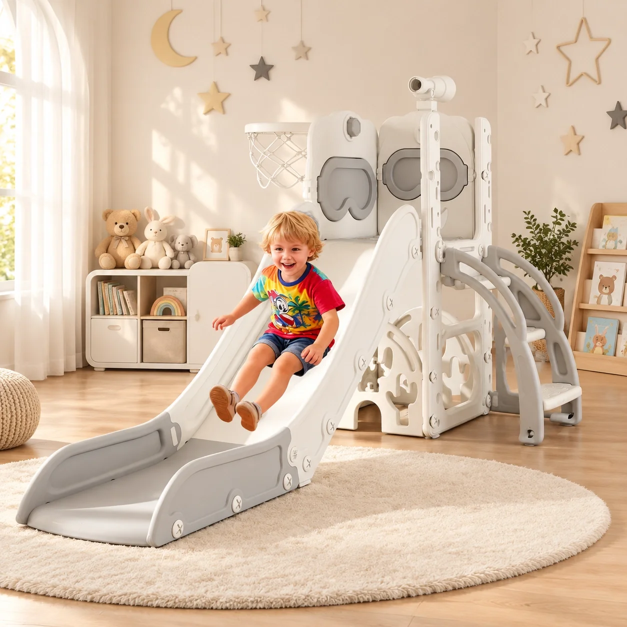 7 in 1 Toddler Slide Playset L-Shaped Indoor & Outdoor Playground for Kids Ages 1-3, Features Golf Set, Basketball Hoop, and Non-Slip Steps, for Boys & Girls