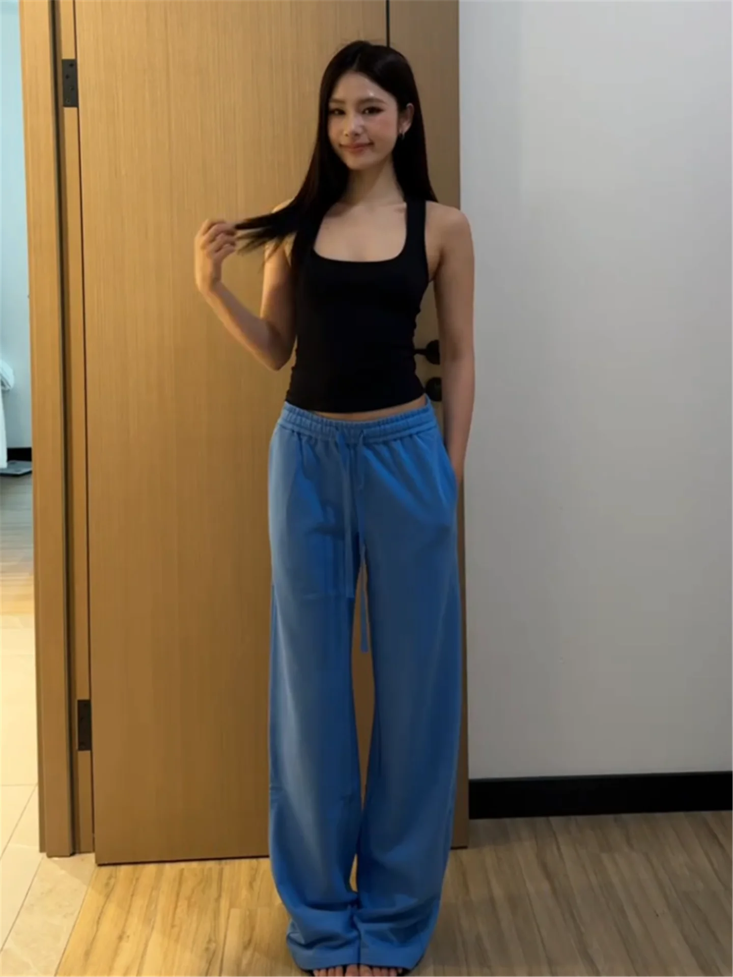

Low Waist Extended Blue Straight Leg Pants Women Summer Loose Slimming Drawstring Casual Sport Sweatpants Wide Leg Pants