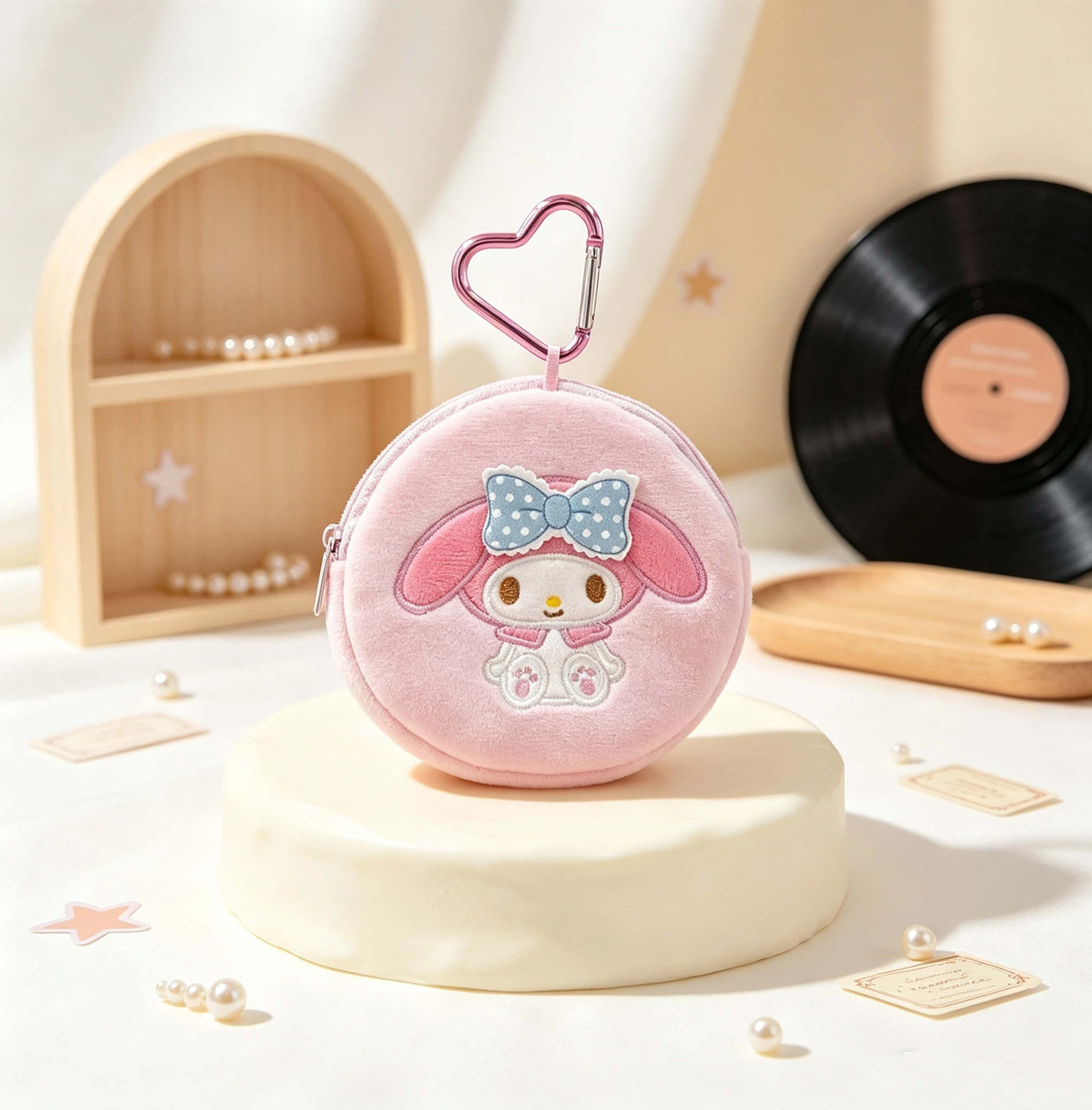 Genuine Licensed Kawaii Cartoon Round Plush Coin Purse, Heart Carabiner Mini Storage Bag, Portable Earbud Pouch, Decorative Hang
