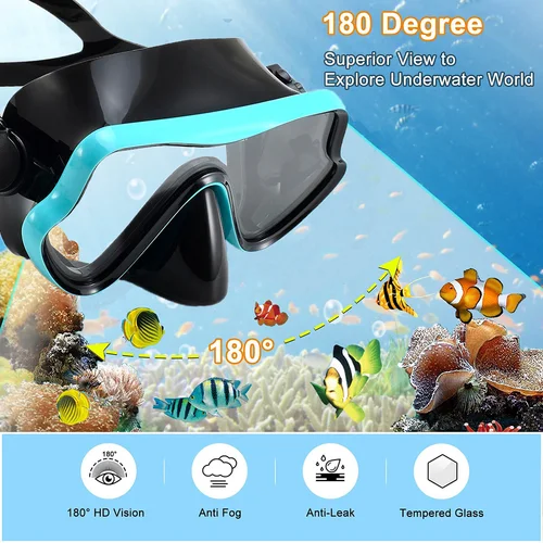 Imagen 2 del producto Juego de snorkel con aletas de máscara, equipo de snorkel para adultos, máscara de snorkel con vista panorámica antivaho, aletas de buceo ajustables, snorkel superior seco
