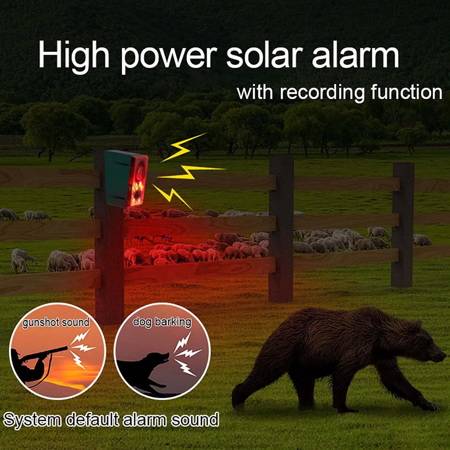 Solar-Bewegungsmelder-Alarm für den Außenbereich mit Fernbedienung, 130 dB Ton, Licht, Alarm, Sirene, akustischer Alarm, Sicherheitsalarmsystem