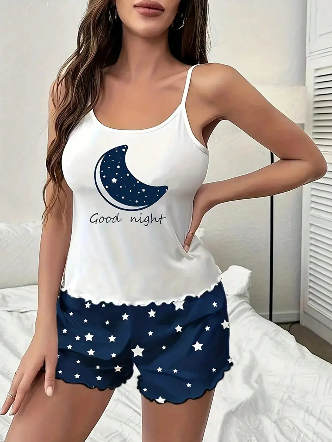 Women Pajamas Sleepwear 2 Pieces Set Moon & Star Starry Print Scoop Neck Cami Top Backless Lettuce Trim Comfortable White view 5
