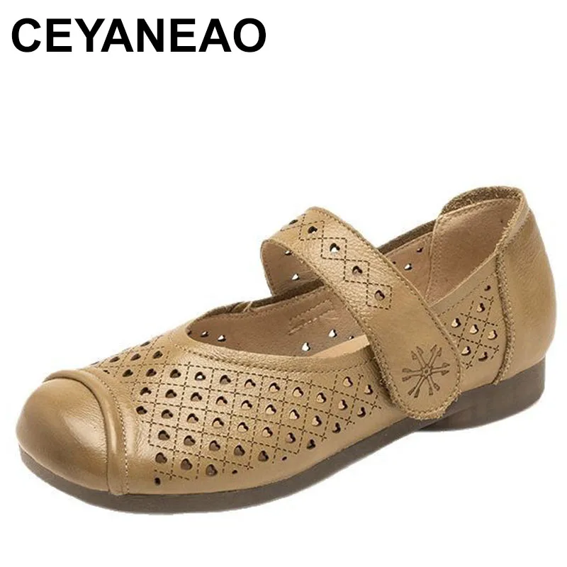 

Flat ShoesTop Layer Cowhide with Hollowed Out Breathable Sandals Holes Soft Sole Women Elegant Comfortable Flats
