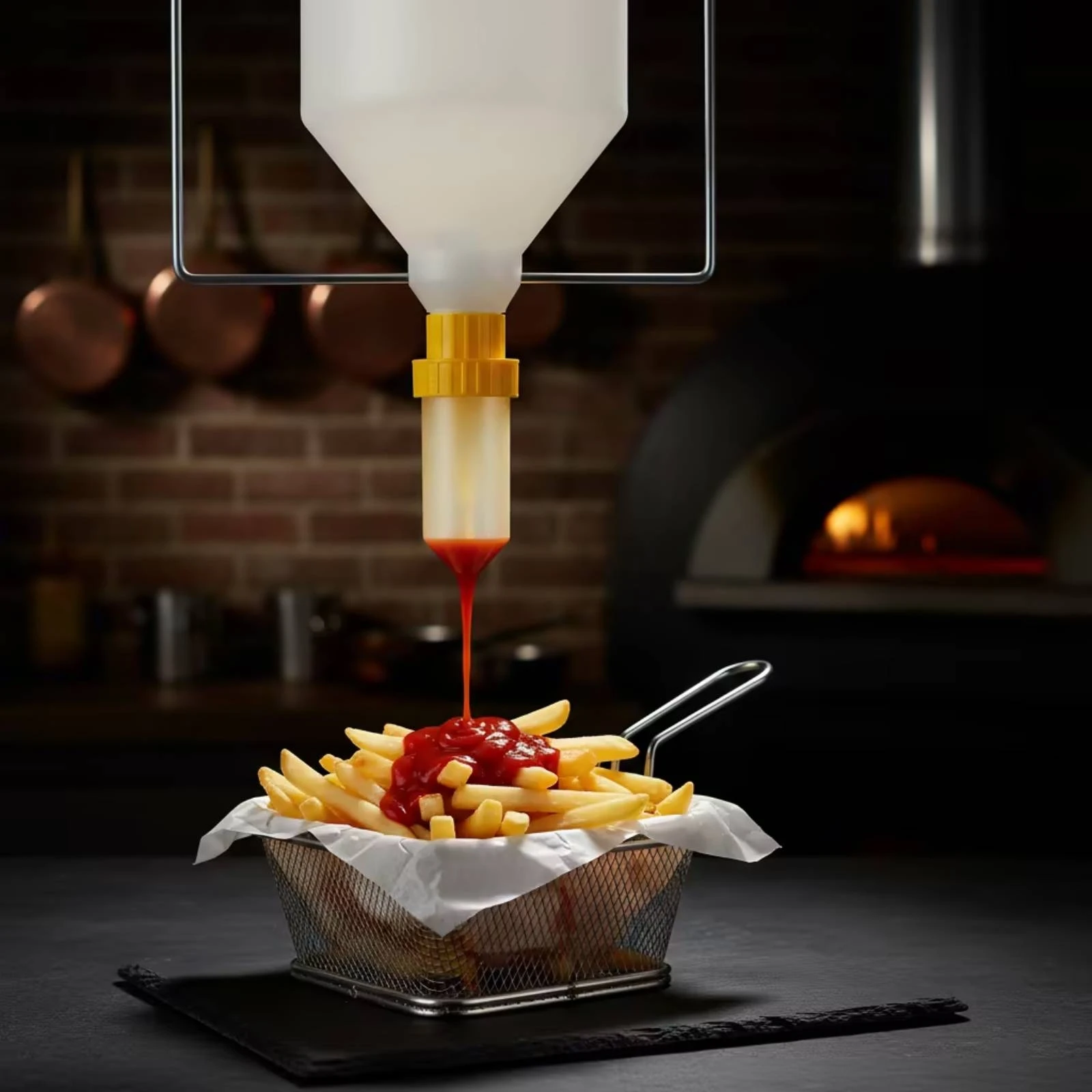 

Hanging Sauce Container Black Lid Ketchup Dispenser Syrup Dispenser Tapered Bottom Condiment Press Bottle Wide Opening