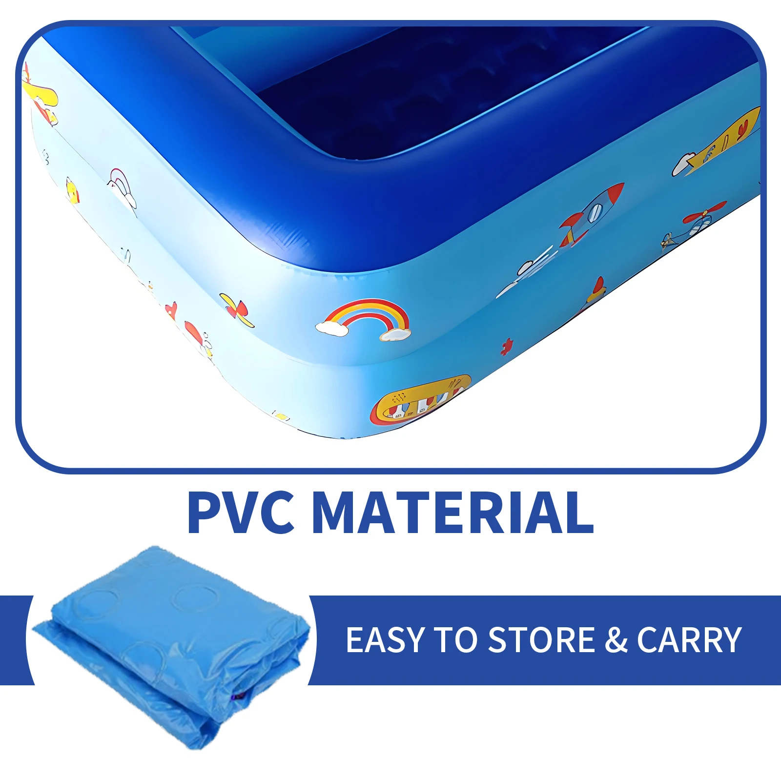 키즈 볼풀, 113cm PVC 풍선 수영장 만화 패턴 물놀이 풀 여름 야외 실내용, 블루