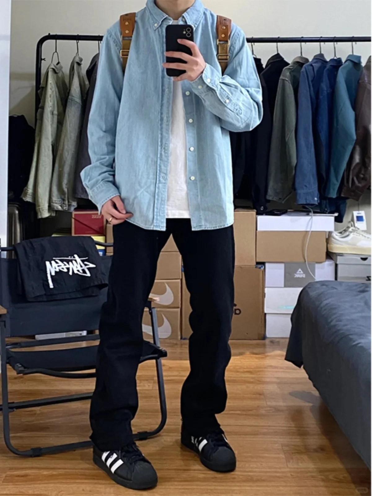 

Синяя мужская рубашка с длинным рукавом в винтажном американском стиле, джинсовая куртка из выстиранного денима, новинка весеннего сезона, повседневная свободная модель из хлопка и полиэстера