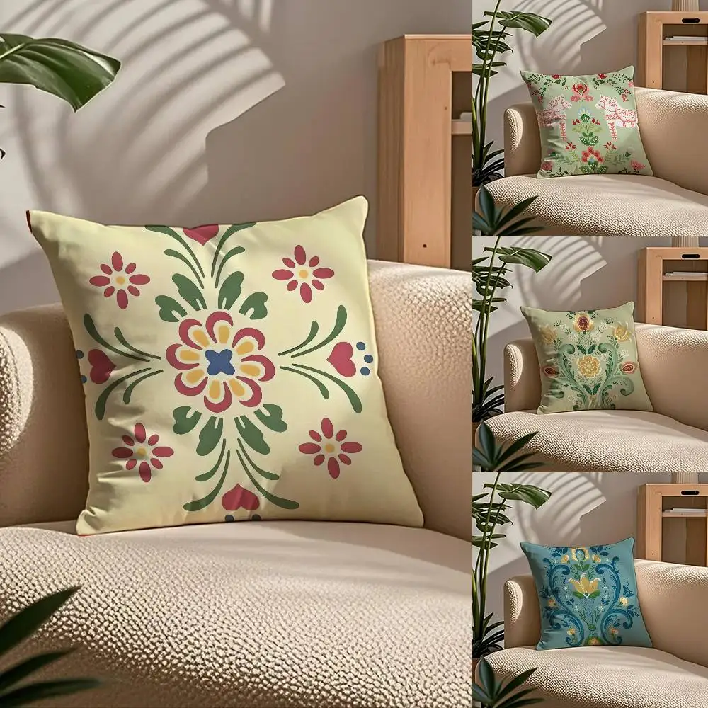 

Norwegian Rosemaling Anime Pillow Case Comfort Sofa Bed Silky elegant Invisible zipper Custom Decorative cushion cover
