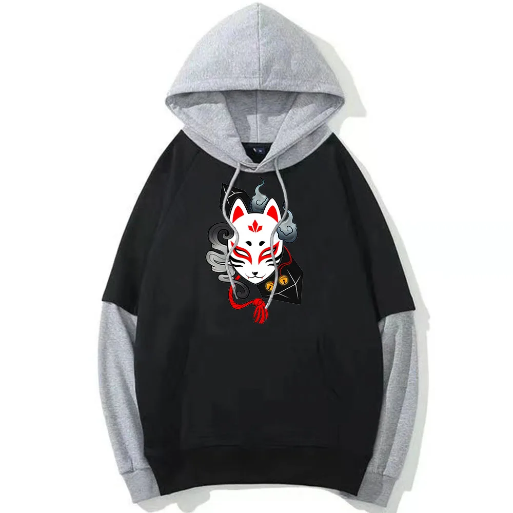 Kitsune Fox Mask Hoodie Men/Women Patchwork Sweatshirt Anime Graphic Hoody Japanese Style Pullovers Manga Printing Clothing