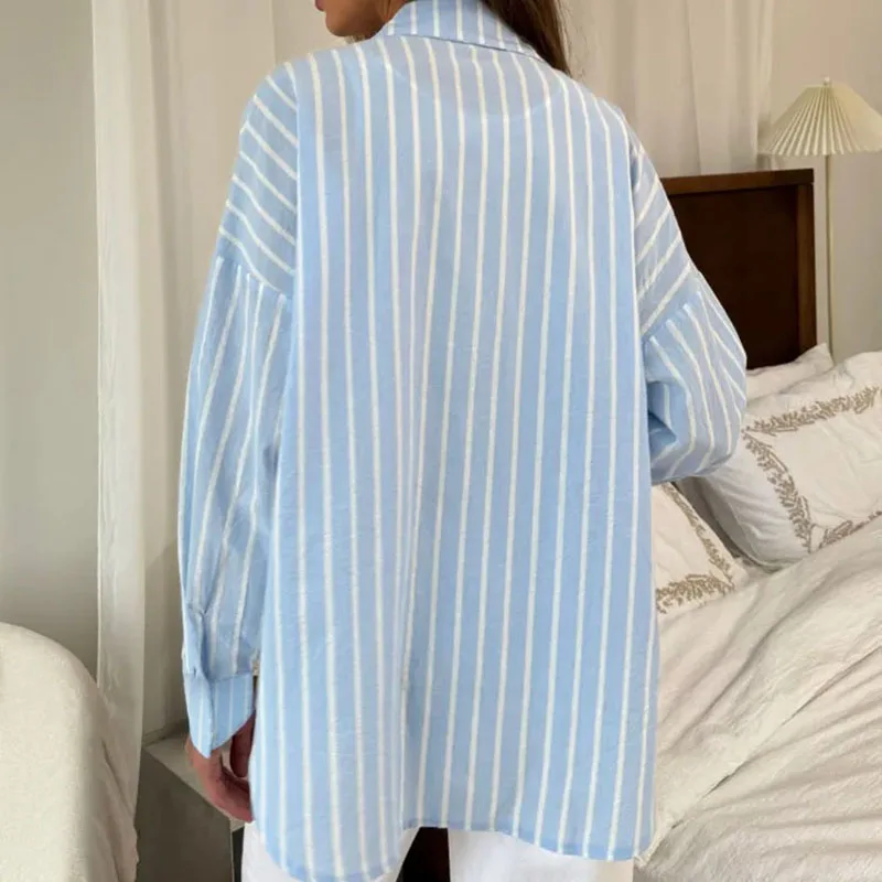 2026 Spring Summer New Women Chiffon Blouse Casual Loose Turn Down Collar Classic Striped Shirts Versatile Long Sleeved Shirt - Detail 1