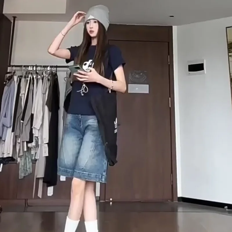 여성 캐주얼 레트로 아메리칸 스타일 핫티 여름 반바지 청바지 여성 데님 반바지 소녀 스타일 Y2k