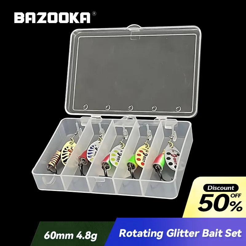 

5 Pcs 60mm/4.8g Bazooka Fishing Lure Rotating Spinner Spoon Metal Bait Sequins Boxes Spoon Baits for Trout Perch Pike Bass