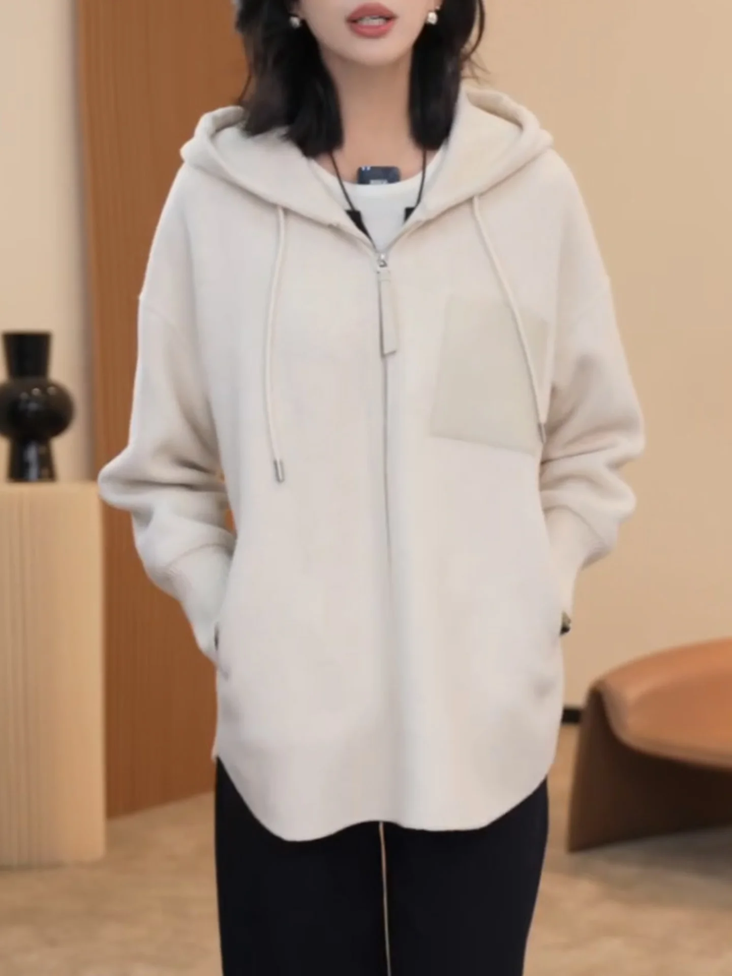 

Faionable большие размеры, женская повседневная универсальная верхняя одежда на молнии с капюшоном, корейский топ на осень-зиму, Новое поступление, топ для похудения