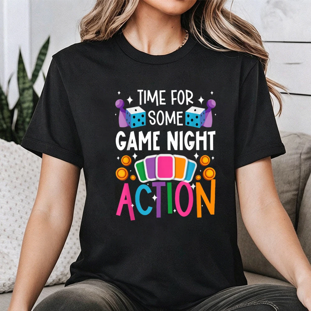 Game Night Women Graphic T Shirt Time for Some Game Night Action Colorful Dice Card Game Pieces Slogan Print Clothes