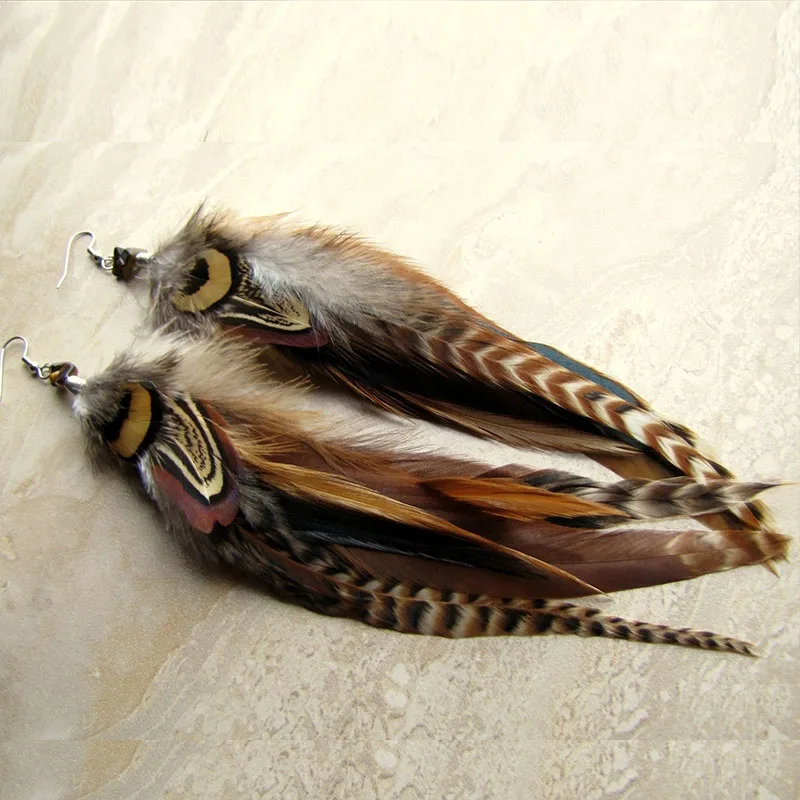 Real Feather Earrings Natural Colour Warm Brown Tan Pheasant and Rooster Feathers Natural Feathers Long Feather