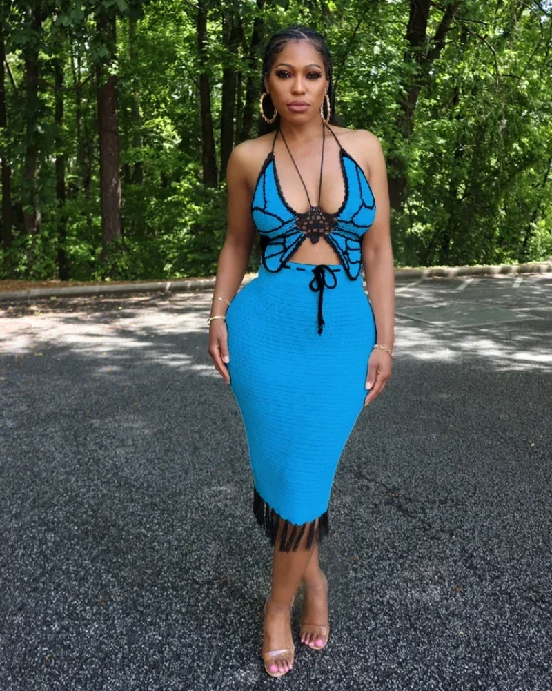 

GUWU Tassel Hem Bodycon Midi Maxi Skirts Set and Crochet Butterfly Crop Top Women Party Two 2 Piece Set Outfit Dress