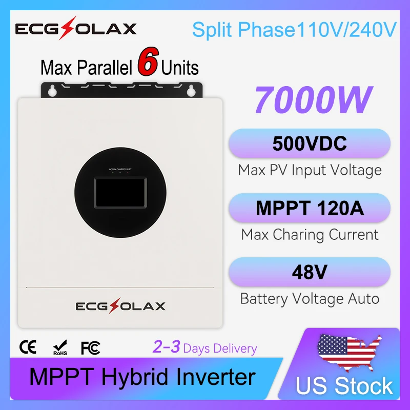 

ECGSOLAX 7KW Hybrid Solar Inverter 48V 110V 240V Split Phase Pure Sine Wave Inverter With MPPT 120A Solar Charger Max PV 500VDC