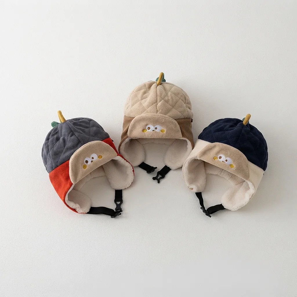 3-7Y Winter Casual Kids Hat Bear Embroidery Thick Earflap Hat for Girls Boys Soft Warm Children Ear Protection Hat