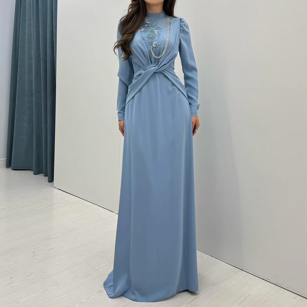 

Вечерние платья трапециевидной формы по индивидуальному заказу, длиной до пола, с высоким воротником и длинными рукавами, платье для выпускного вечера, модное простое драпированное вечернее платье с цветами и блестками