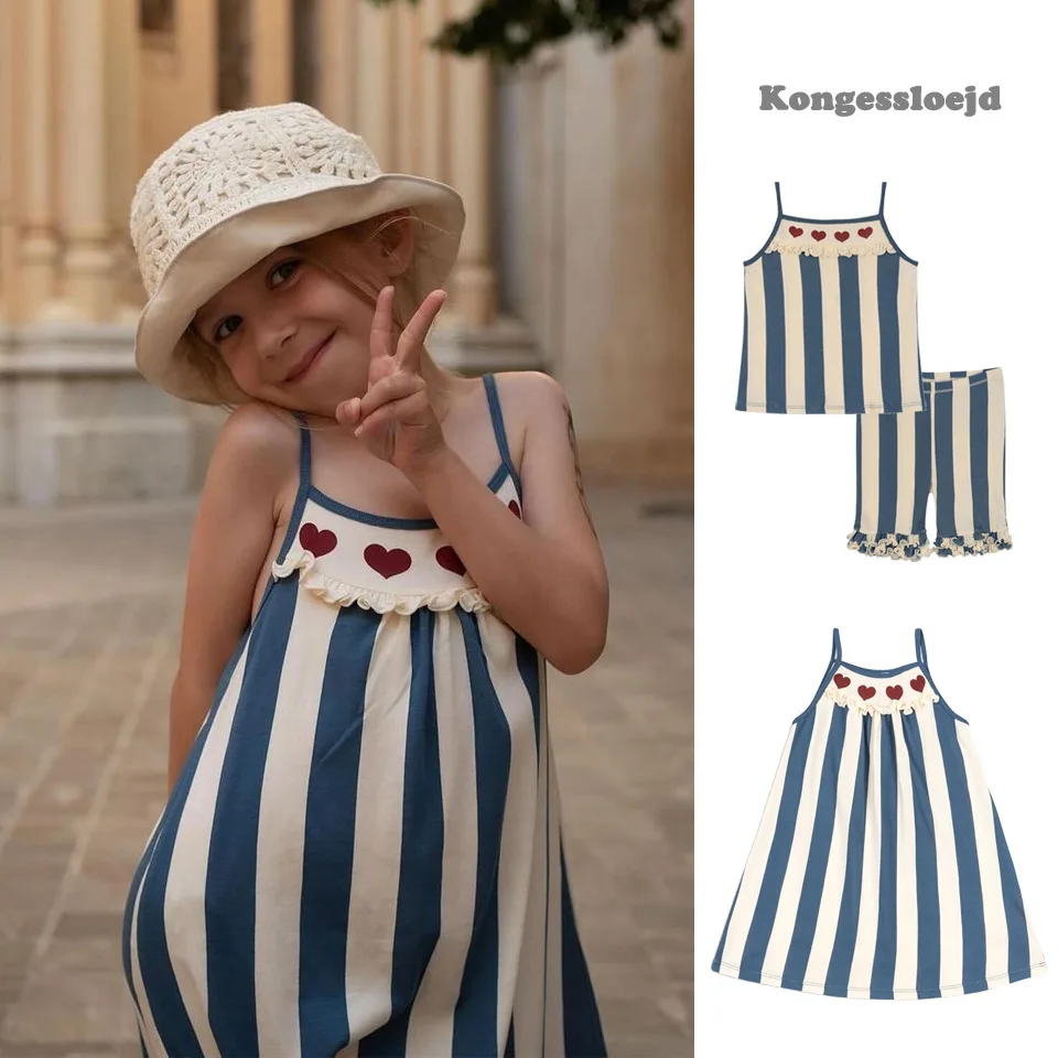 

2024 KS Baby Girls Blue Striped Sling Dresses Kids Clothes Girls Cotton Camisole T Shirt + Shorts Suits Children's Outfit Sets