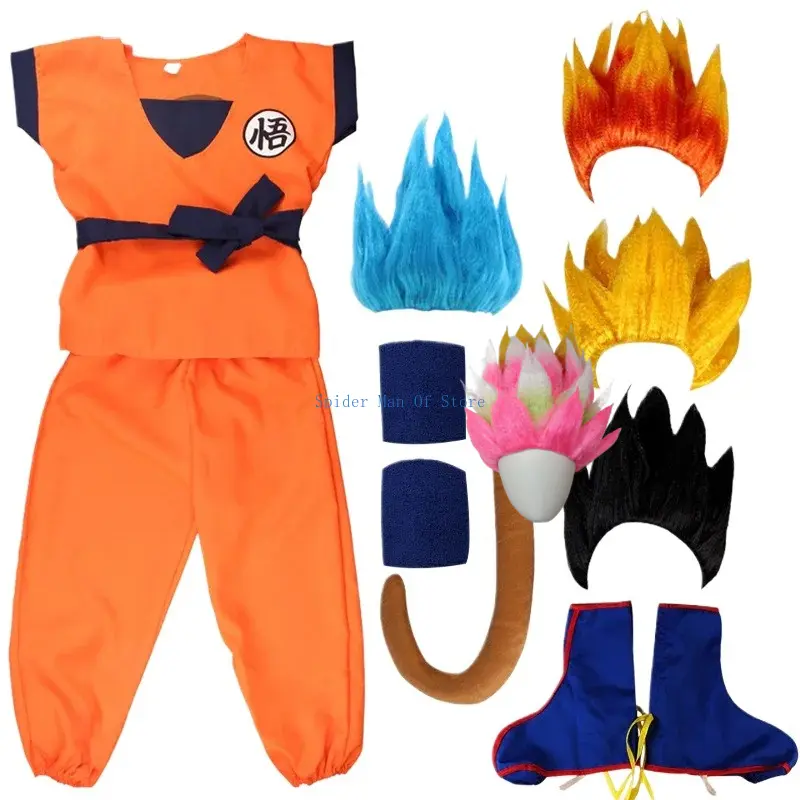 Adulto crianças son goku gui carnaval cosplay anime trajes festas de halloween e férias incluindo cauda peruca de pulso azul ouro design