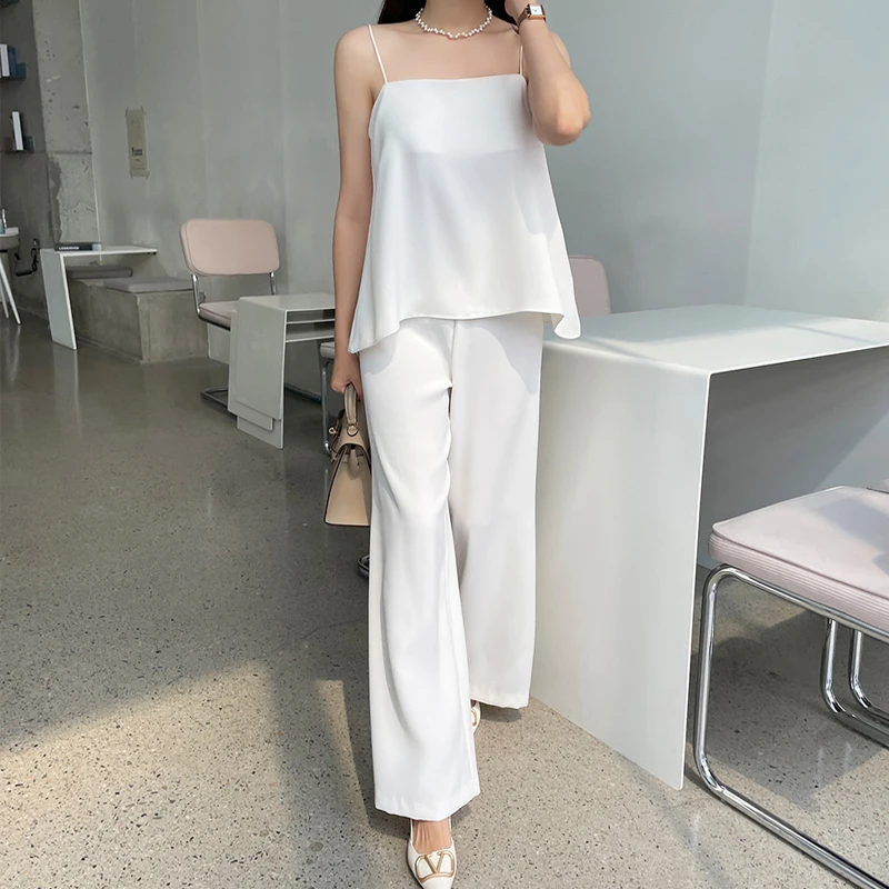 

Elegant Fashion Solid Casual Outfits Summer Women Sexy Sling Loose Tops + Elastic Waist Wide Leg Long Pants Female Two Piece Set