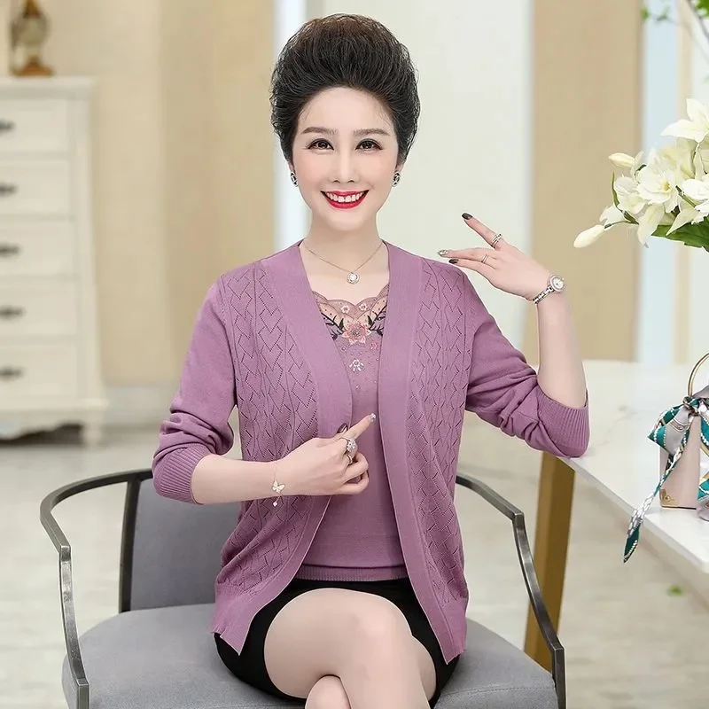 Mom Spring and Autumn New Knitted Cardigan Thin Sweater Coat Middle Old Age Women Summer Short Sleeve Two Piece Set High Quality