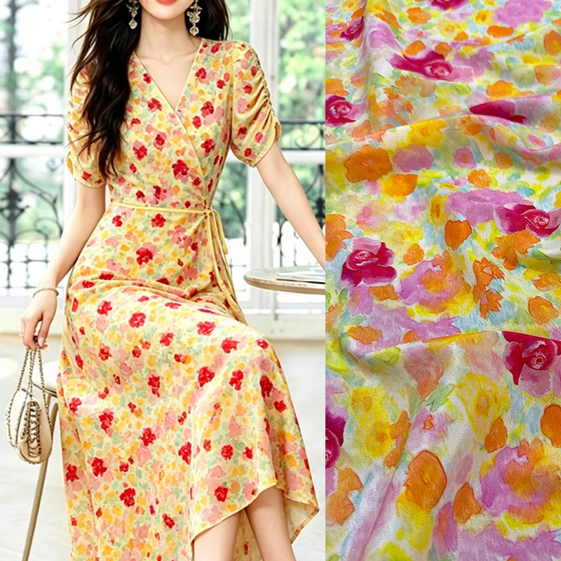 Red and Yellow Floral Printed Stretch Silk Crepe de Chine Fabric for DIY Sewing Comfortable Dress Pajamas Silk Fabric FR7024