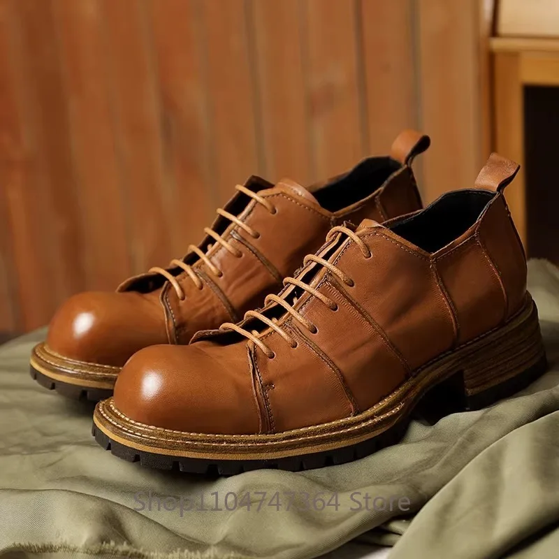 British Square Toe Genuine Leather Thick Sole Breathable Casual Leather Shoes Men's Work Derby Commuting Shoes Male