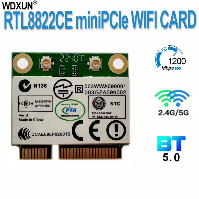 Rtl8822ce 1200mbps banda dupla 2.4g/5ghz 802.11ac wifi cartão de rede minipcie para bluetooth 5.0 suporte portátil/pc windows 10/1