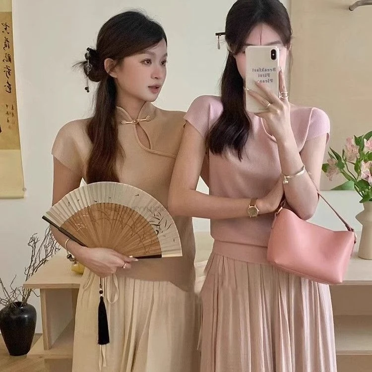 النمط الصيني طوق قصيرة الأكمام رائعة فريدة من نوعها بلوزة شيونغسام لطيف التخسيس محبوك سيدة قاعدة قميص Vinatge #5