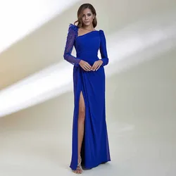 Dark Royal Blue Evening Dress Long Sleeves V Neck Mermaid Elegant Wedding Guest Gowns Side Slit Chiffon Bead Formal Party Gown
