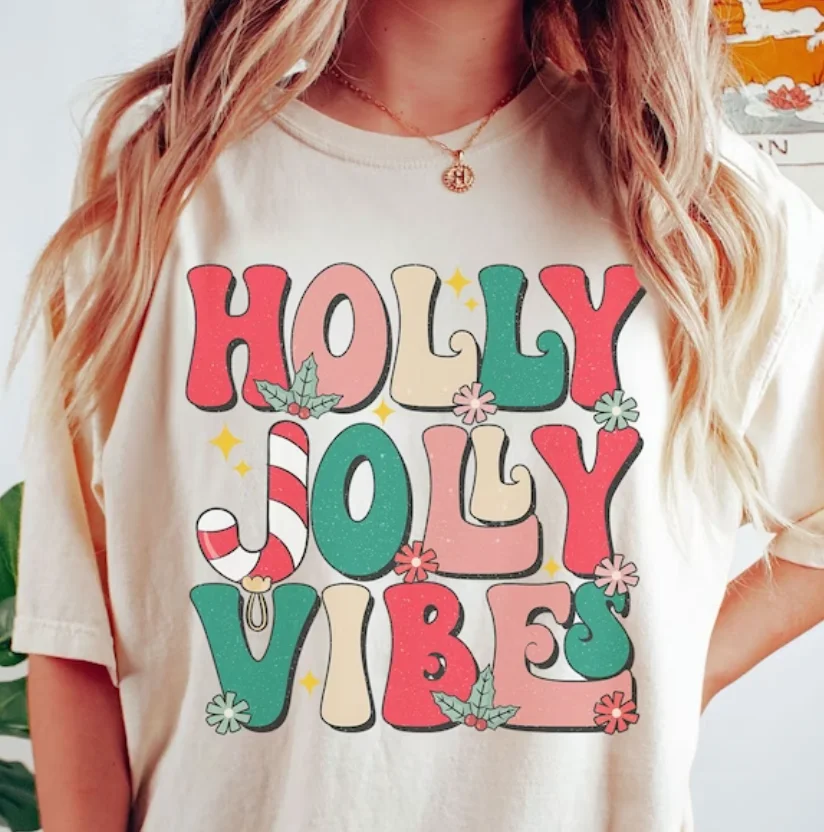 Holly Jolly Vibes T-Shirt, Retro Christmas T-Shirt, Floral Christmad T-Shirt