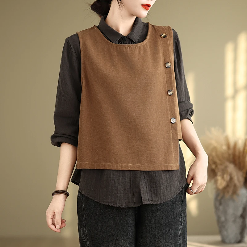 

Retro Workwear Asymmetrical ort Vest Women's Spring Autumn Simple Layering Svel oulder Pad round Ne Vest Top
