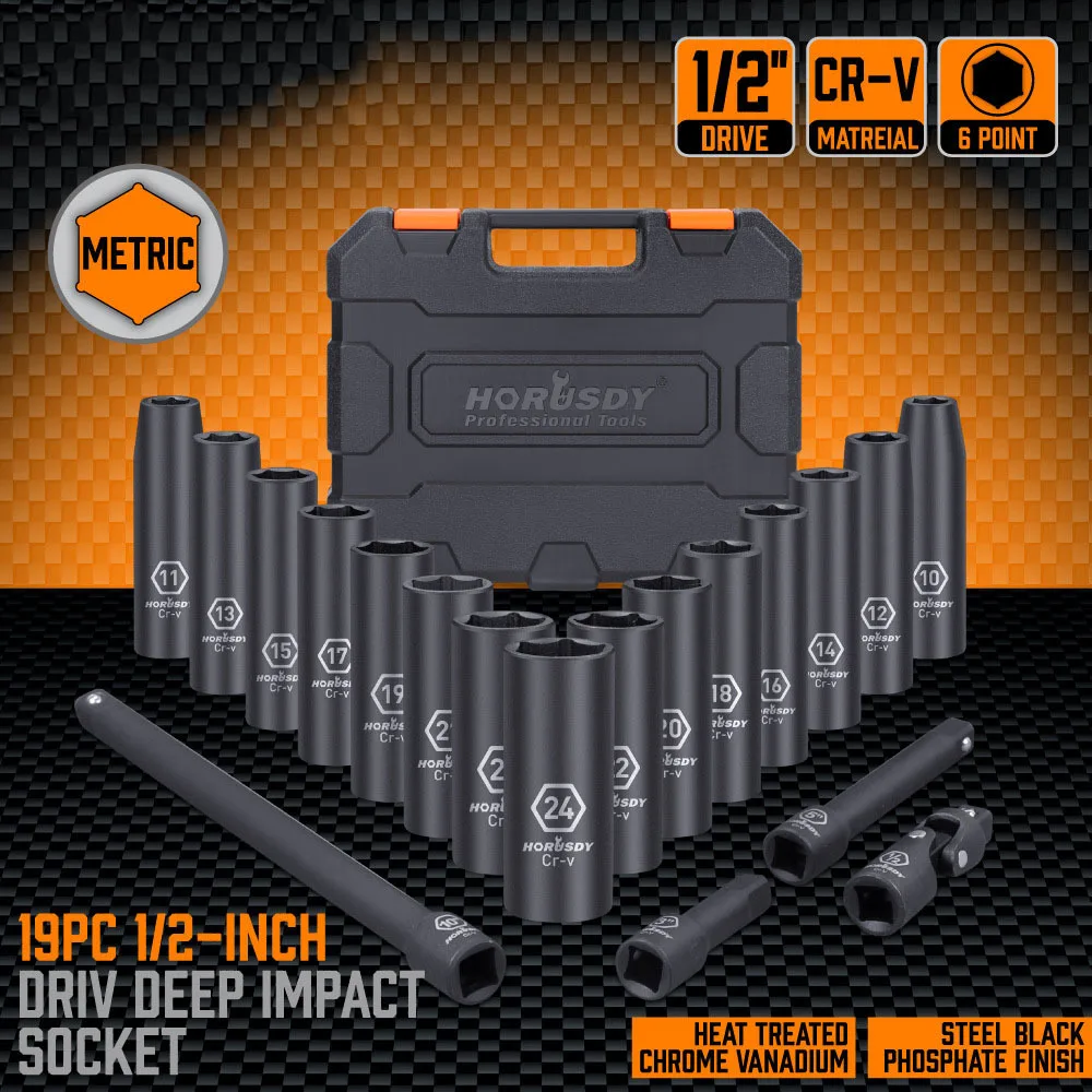 19pc 1/2-Inch Drive Deep Impact Socket Set with Adapters and Extensions, Chrome Molybdenum