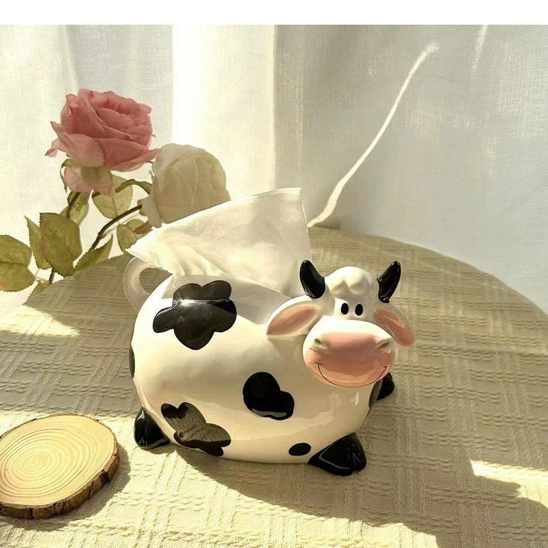 Cute Cow Tissue Box Animal Sculpture Ceramic Crafts Living Room Napkin Storage Container Nordic Home Decoration Art