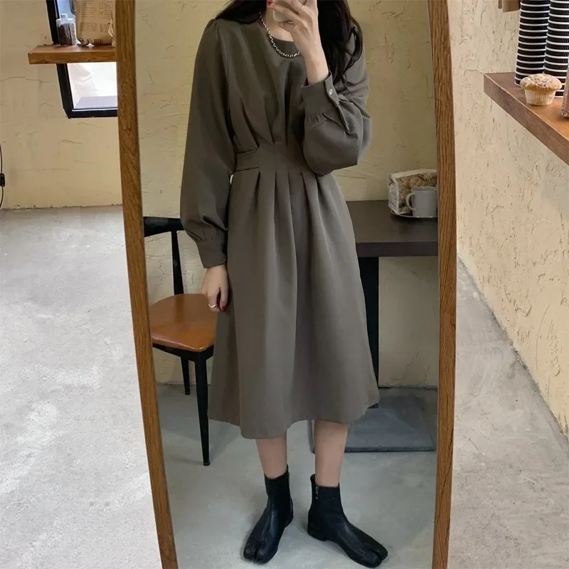 

Women's Fashion Vintage Fairy Slim Body Brown Dresses Round Neck Korean Style Dress 2023 New Fall Woman Solid High Waist Dresses