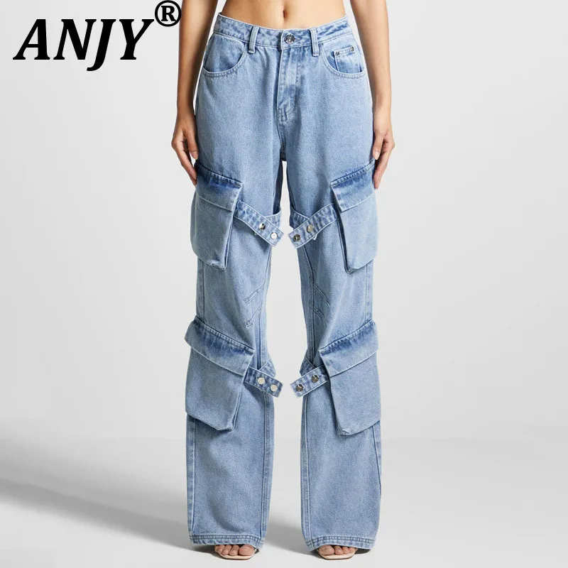 

ANJY Autumn New Women's Fashion High Street Safari Style Straight Pants Casual Trendy Chic High Waisted Multi-Pocket Jeans A7176
