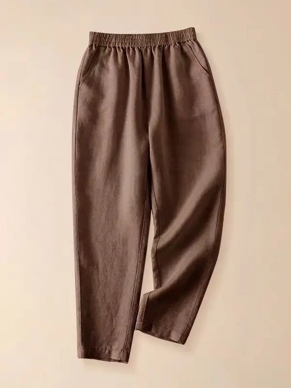 면 린넨 하라주쿠 바지 여성 여름 루즈핏 바지 7부 길이 허리 심플 출퇴근 슬레 폴디드