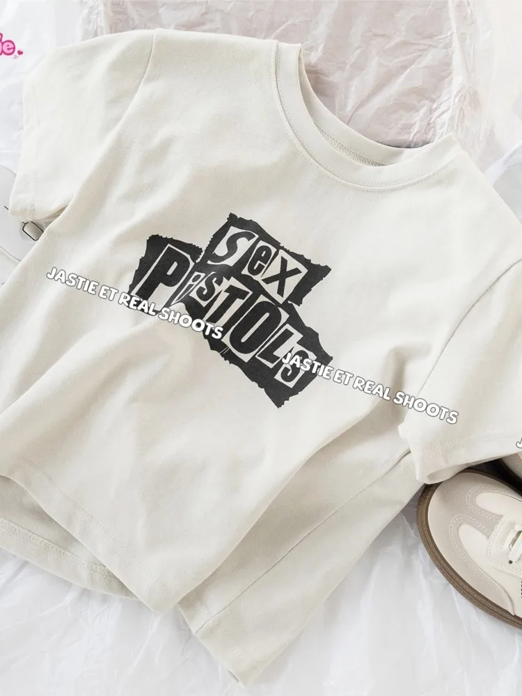 Vintage Letter Graphic Crop Top Women Summer Casual Round Neck Short Sleeve Short T-shirt Female Retro Classic Cotton Tops Chic