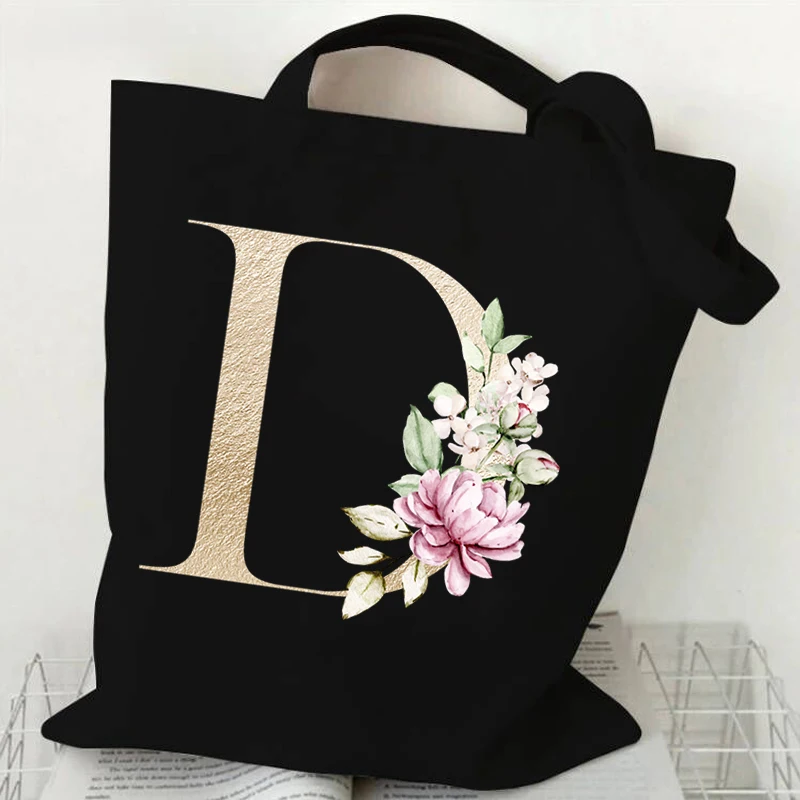 Flower English Alphabet Graphic Women Canvas Shopping Bags Gold Color Lettering A B C D Shoulder Bag Mobile Phone Travel Bags