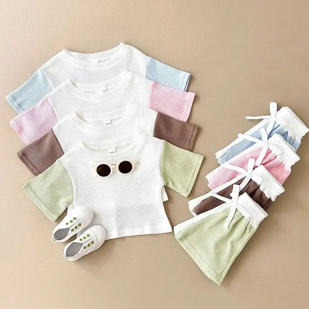 Newborn Baby Girl Clothes Boys Sets Waffle Top Casual Short T-shirt+Shorts Sports Sets Splicing Colors Summer Baby Clothes